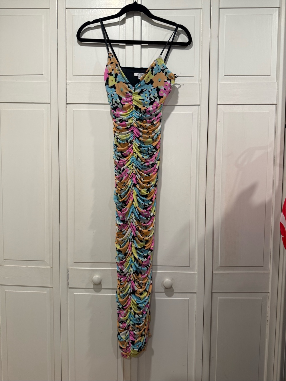 AFRM multicolor floral mesh ruched maxi dress size small EUC